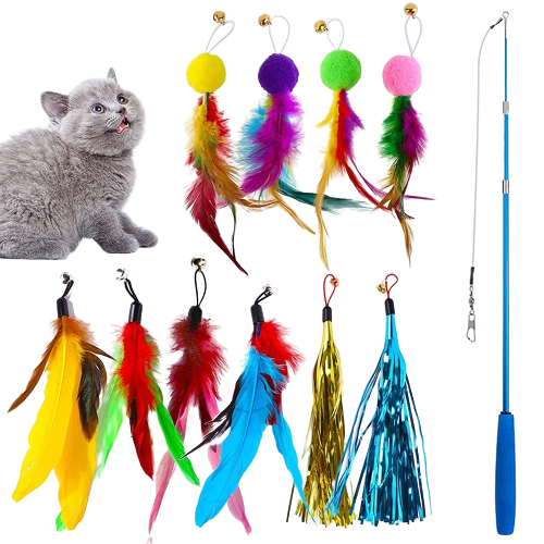 Katzenangel mit Federanhänger Katzenspielzeug Plüschwedel Katzenstab