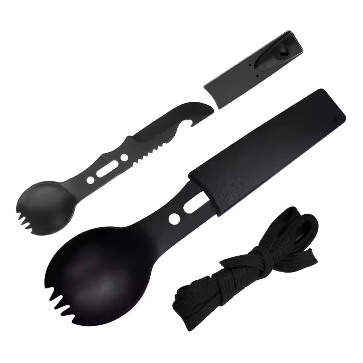 Multifunktionales 7in1 Outdoor-Besteck Gabel Messer Löffel Flaschenöffner Pfeife Schaber Seilöse