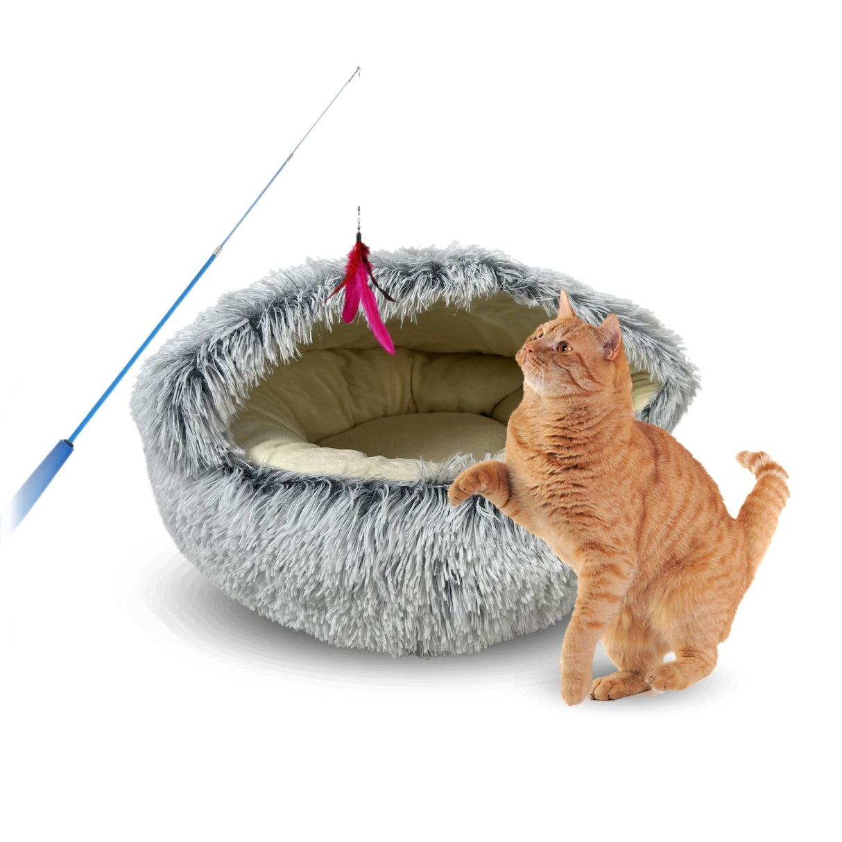 Flauschige Katzenhöhle mit Katzenangel mit Federanhänger 10-tlg.