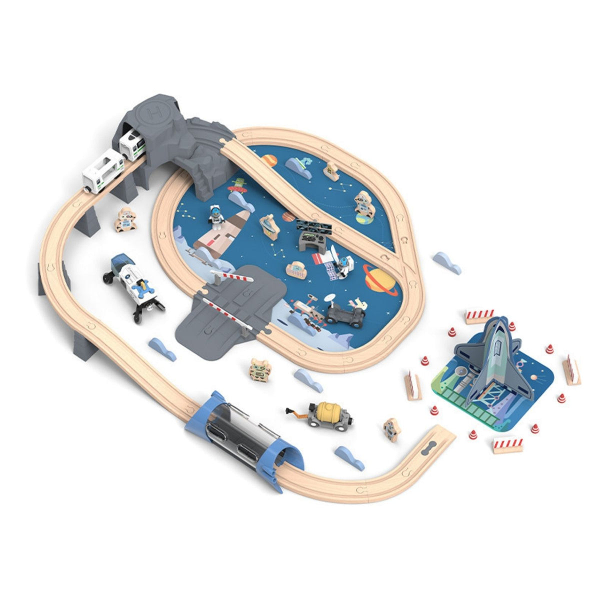 89-tlg. Holzeisenbahn-Set Weltraum-Spielzeugeisenbahn Kinderspielzeug