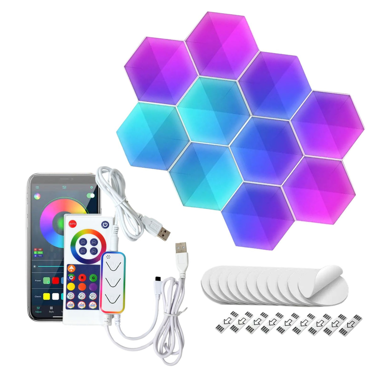 10er Set Smart LED RGBIC Hexagon-Leuchtplatten Lichtpaneele Wandleuchte