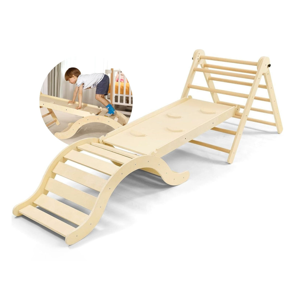 3-tlg. Holzklettergerüst Indoor-Kletterdreieck Schaukel Kletterbogen