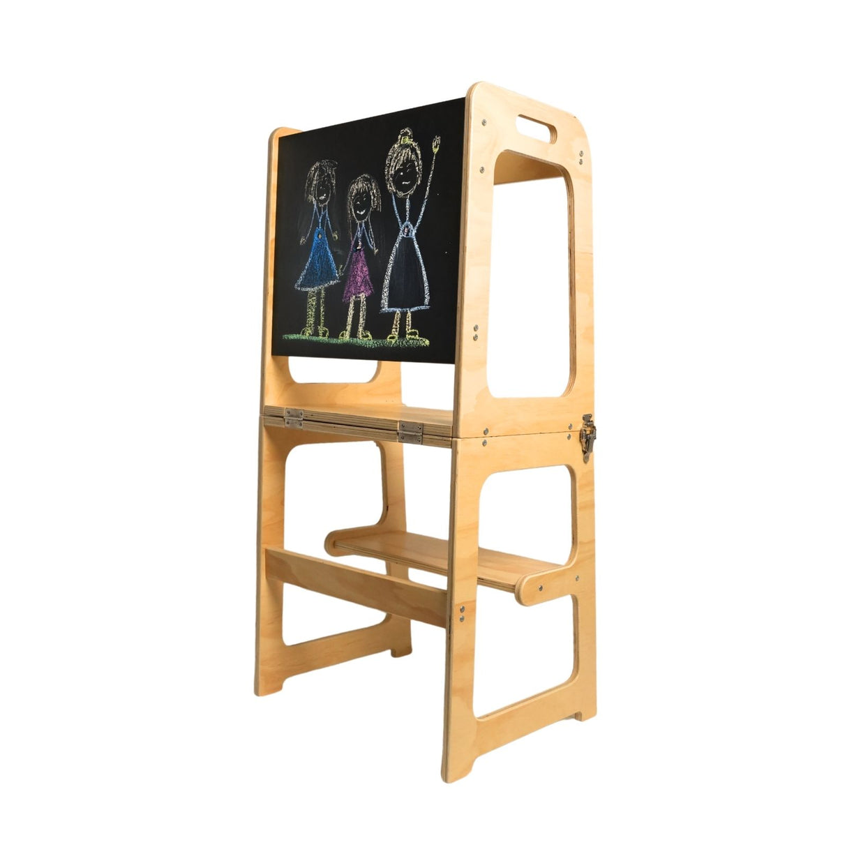 Faltbarer Kinder-Lernturm aus Holz mit Maltafel