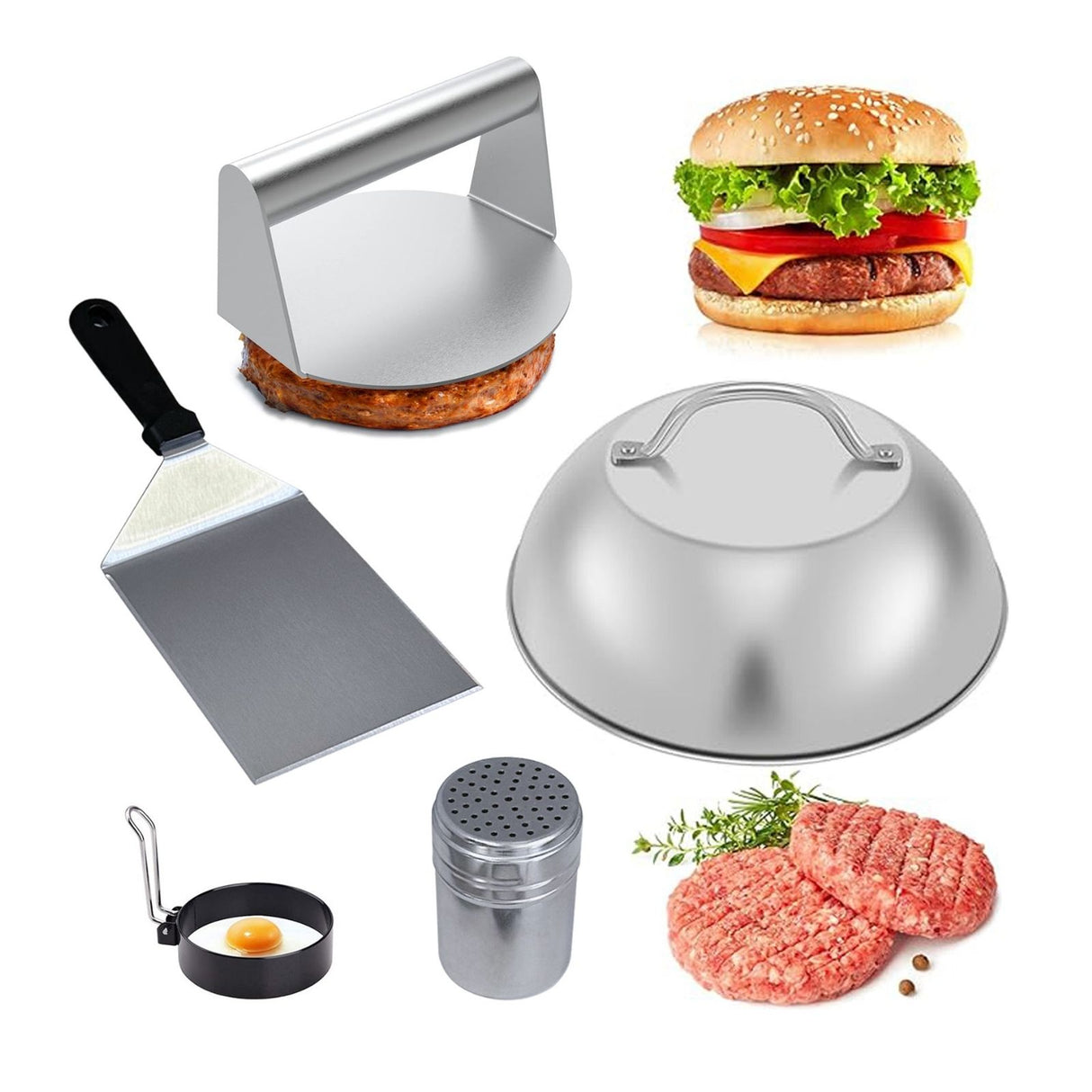 5-tlg. Burger-Set Burgerpresse Schmelzglocke Patty-Wender Ei-Ring Streuer