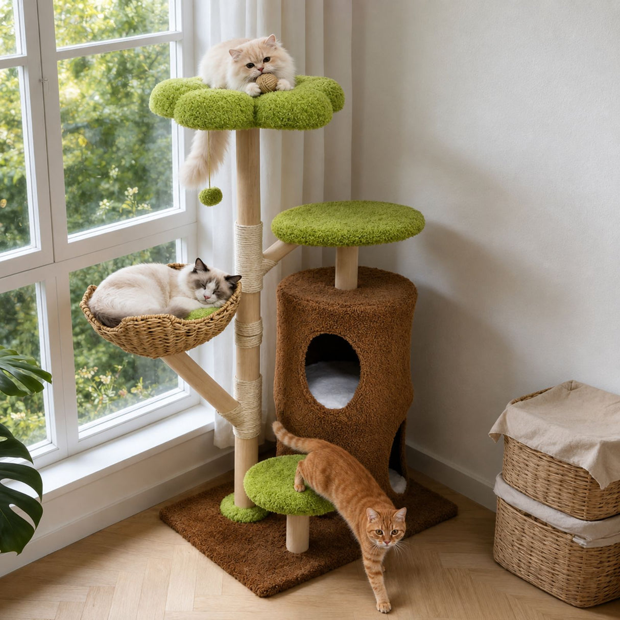 Kratzbaum mit Korb und Höhlen Katzenbaum Katzenspielzeug Kletterbaum