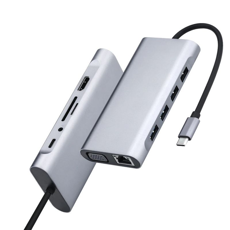 Dockingstation Multi USB-Hub USB-C 11in1 USB-A HDMI microSD/SD RJ45 AUX VGA
