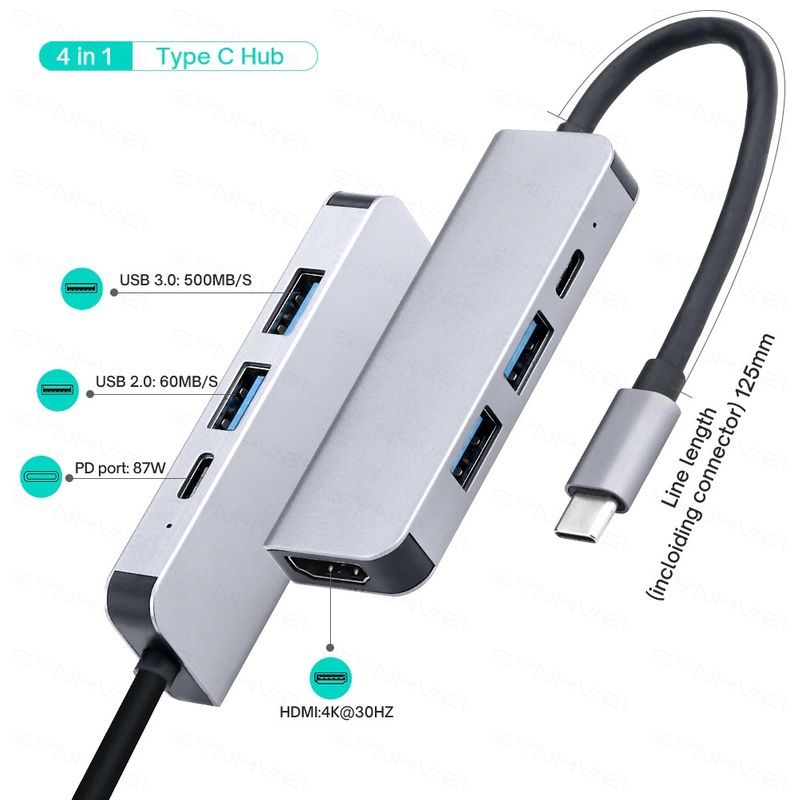 Dockingstation Multi USB-Hub USB-C 4in1 USB-A 3.0/2.0 HDMI 4K 4-port