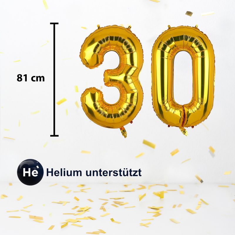 Zahlenballon Zahl 30 Folienballon Geburtstagsparty Ballon Golden 81cm