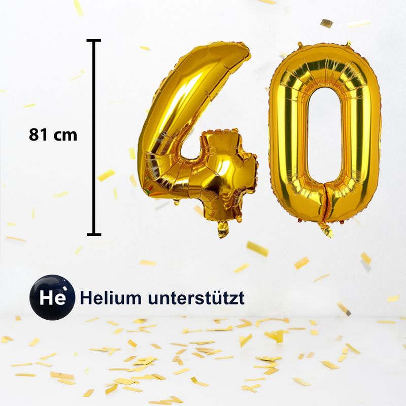 Zahlenballon Zahl 40 Golden Folienballon Luftballon Heliumballon 81cm