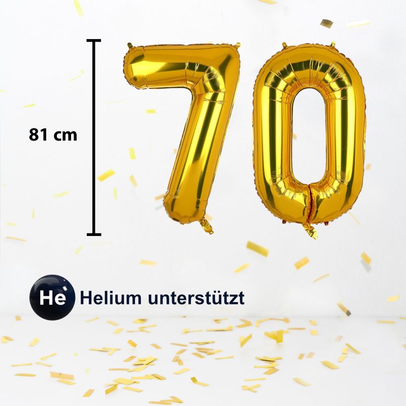 Zahlenballon Zahl 70 Folienballon Luftballon Heliumballon Golden 81cm