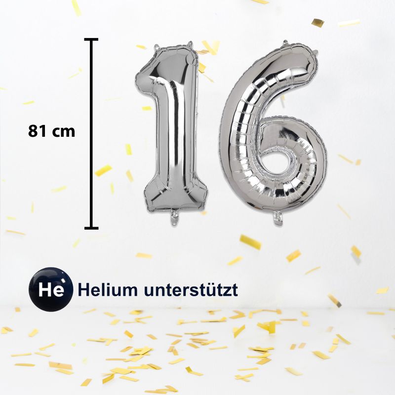 Zahlenballon Zahl 16 Folienballon Geburtstagsparty Ballon Silbrig 81cm