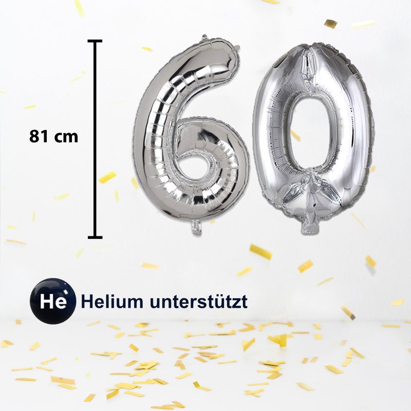 Folienballon Zahl 60 Zahlenballon Heliumballon Luftballon Silbrig 81cm