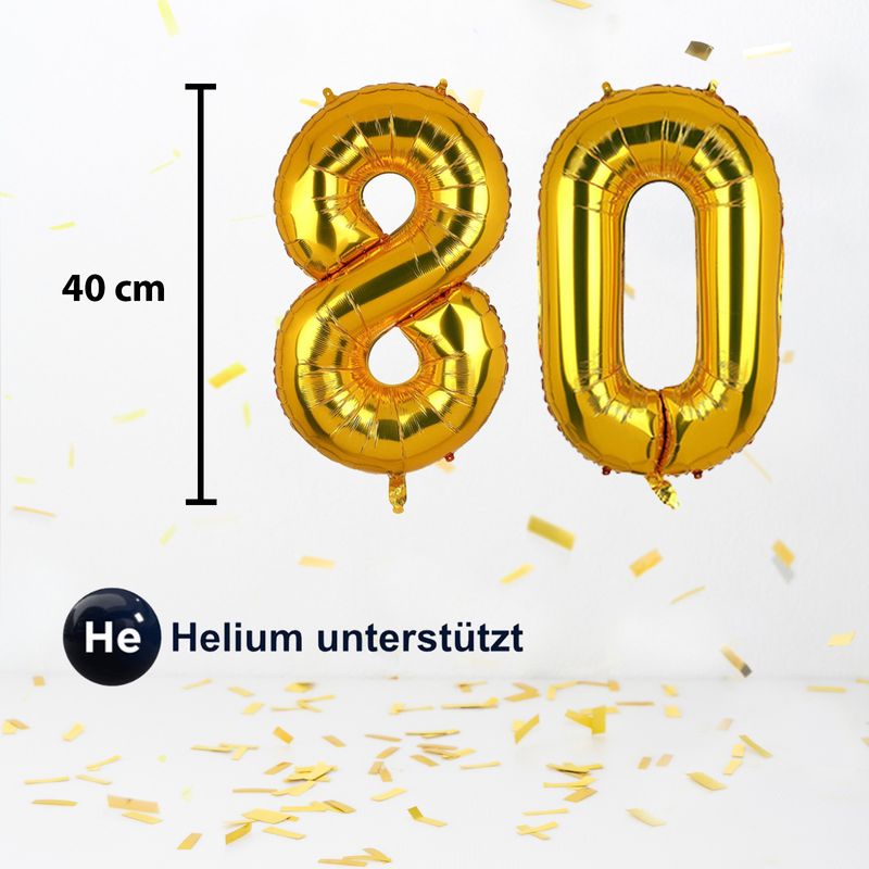 Zahlenballon Zahl 80 Folienballon Luftballon Heliumballon Golden 40cm
