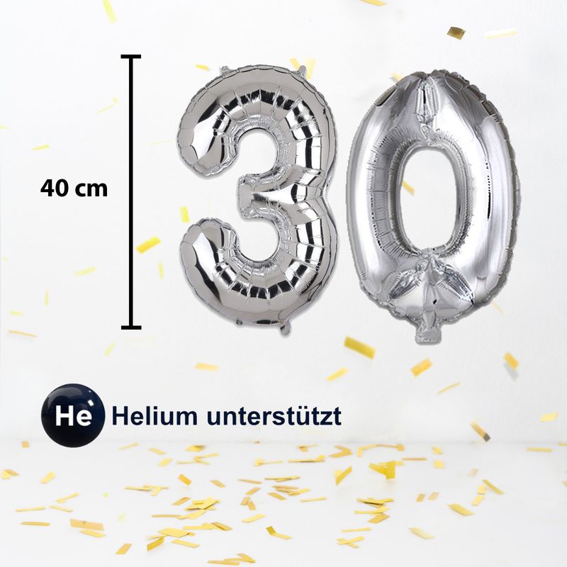 Folienballon Zahl 30 Zahlenballon Geburtstagsparty Ballon Silbrig 40cm
