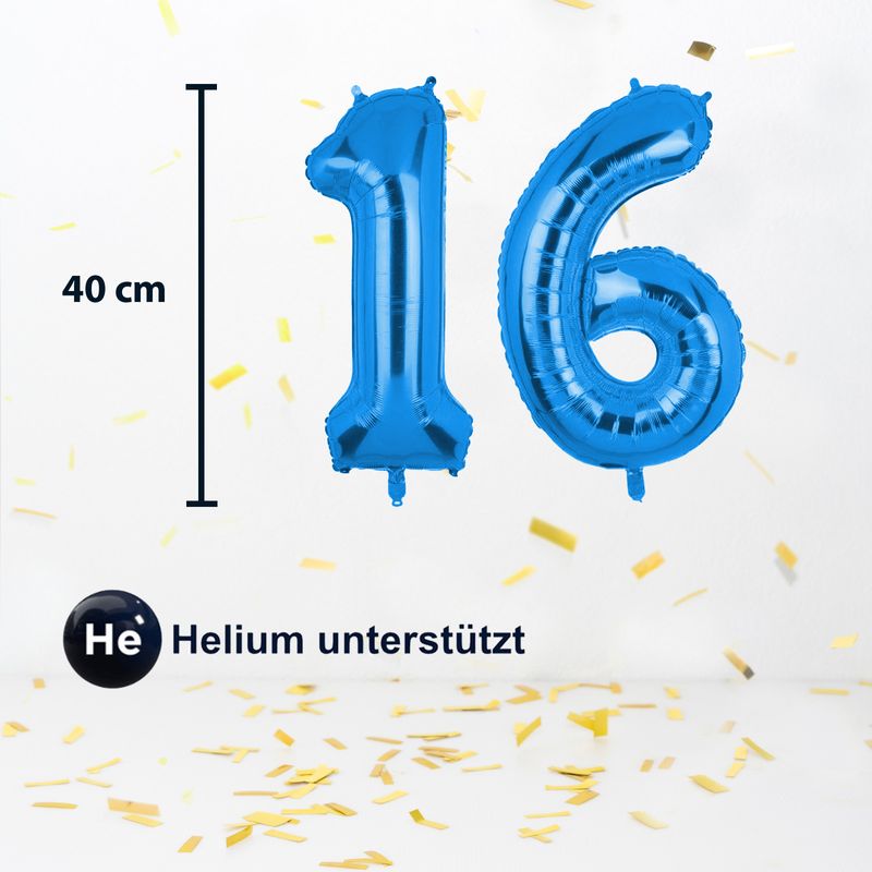 Zahlenballon Zahl 16 Blau Folienballon Ballon Geburtstagsparty 40cm