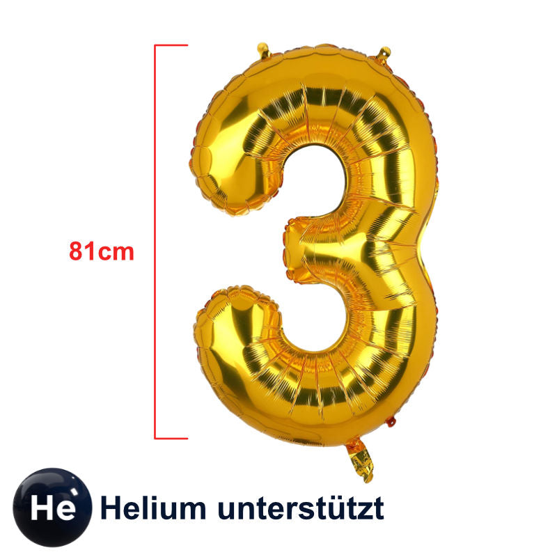 Zahlenballon Zahl 3 Golden Folienballon Luftballon Heliumballon 81cm
