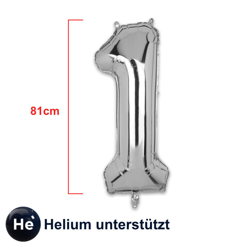 Zahlenballon Zahl 1 Folienballon Geburtstagsparty Ballon Silbrig 81cm