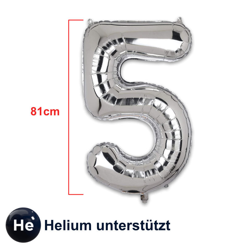 Zahlenballon Zahl 5 Silbrig Folienballon Luftballon Heliumballon 81cm