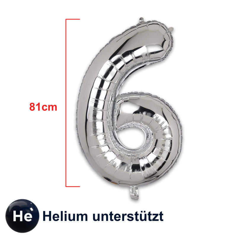 Folienballon Zahl 6 Zahlenballon Luftballon Heliumballon Silbrig 81cm