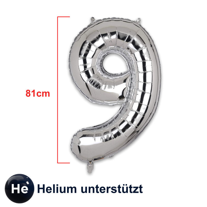 Zahlenballon Zahl 9 Silbrig Folienballon Geburtstagsparty Ballon 81cm