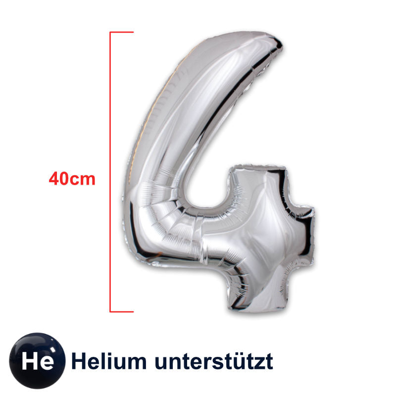 Zahlenballon Zahl 4 Folienballon Geburtstagsparty Ballon Silbrig 40cm