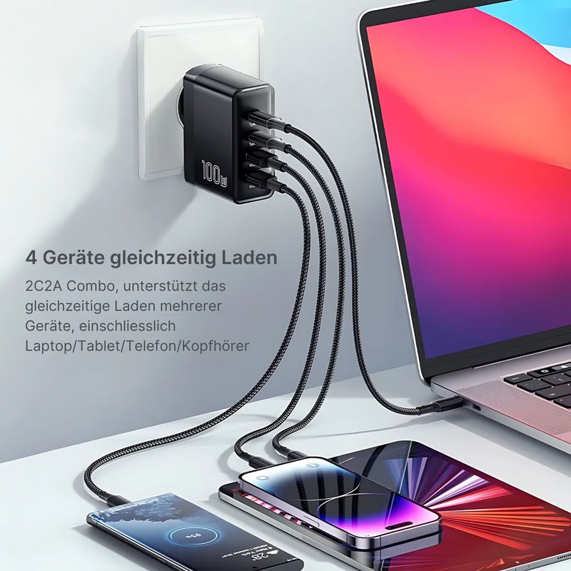 Ladegerät 100W Schnellladegerät USB-A USB-C 4-Ports Netzteil