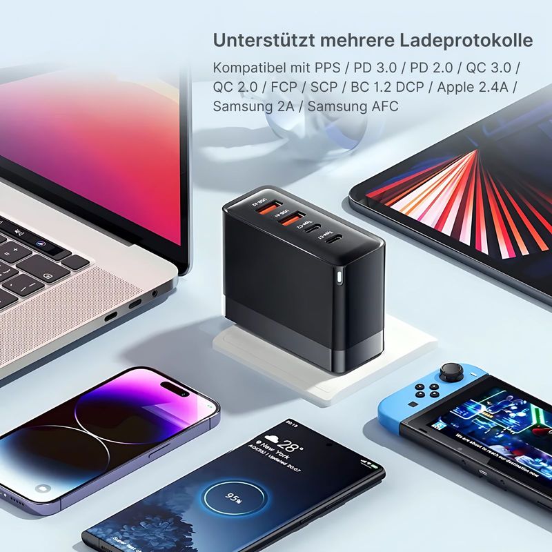 Ladegerät 100W Schnellladegerät USB-A USB-C 4-Ports Netzteil