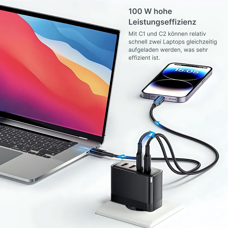 Ladegerät 100W Schnellladegerät USB-A USB-C 4-Ports Netzteil
