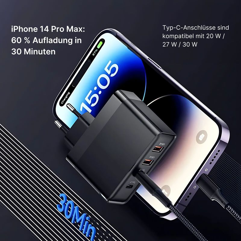 Ladegerät 100W Schnellladegerät USB-A USB-C 4-Ports Netzteil