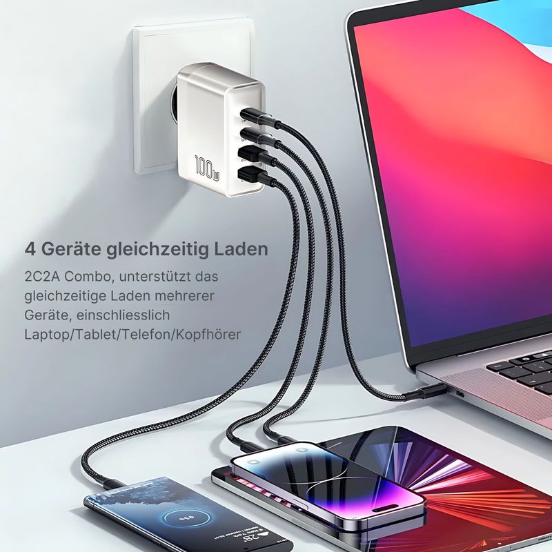 Ladegerät 100W Schnellladegerät USB-A USB-C 4-Ports Netzteil