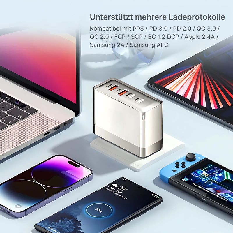 Ladegerät 100W Schnellladegerät USB-A USB-C 4-Ports Netzteil