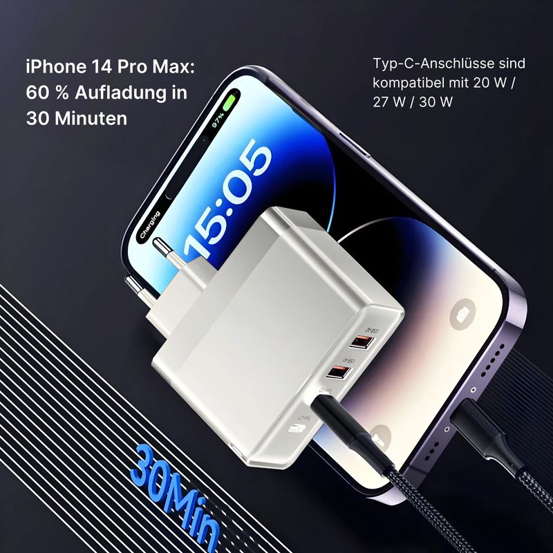 Ladegerät 100W Schnellladegerät USB-A USB-C 4-Ports Netzteil