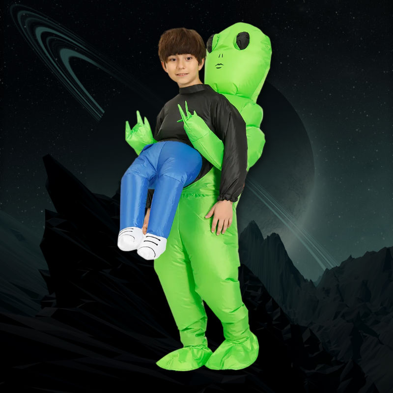 Alien Kostüm Kinder 120–140cm – mit Lüfter & Batteriekasten