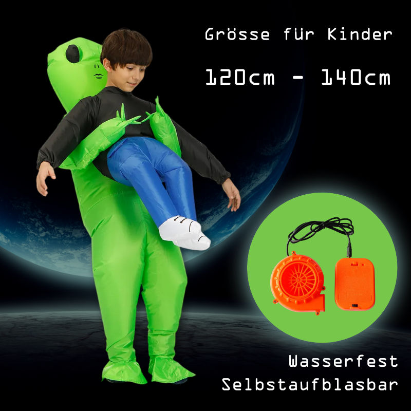 Alien Kostüm Kinder 120–140cm – mit Lüfter & Batteriekasten