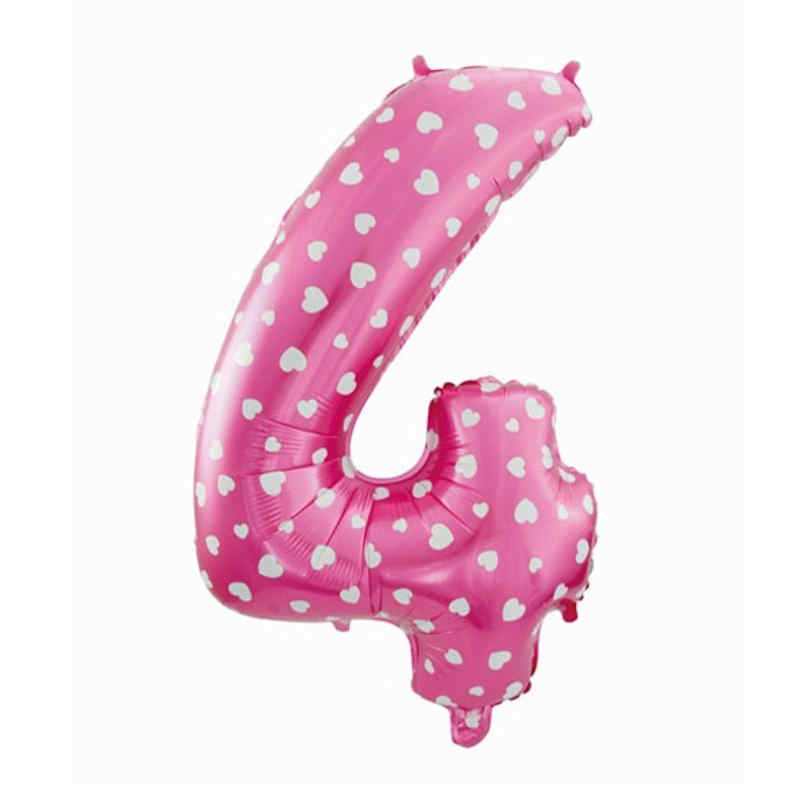 Zahlenballon Zahl 4 Folienballon Pink mit Herzen 72cm