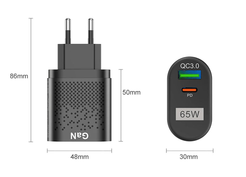 GaN 2-Port Fast Charger USB-C + USB-A Ladegerät Schnellladeadapter