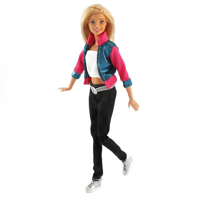 Hose Jacke und Top für Barbie Puppen Retro Schwarz Weiss Pink