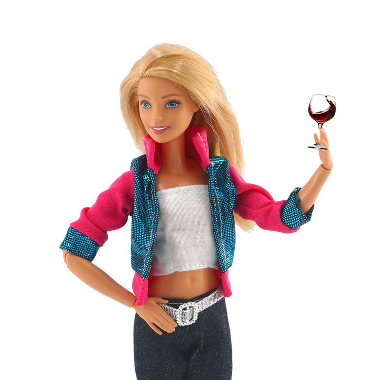 Hose Jacke und Top für Barbie Puppen Retro Schwarz Weiss Pink