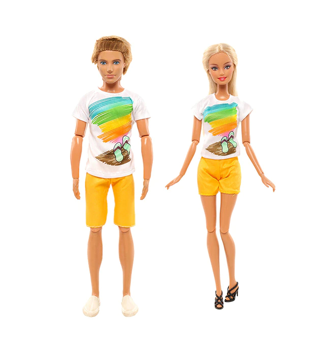Ken und Barbie Hose und T-Shirt Paarweise Set Mode Gelb Regenbogen