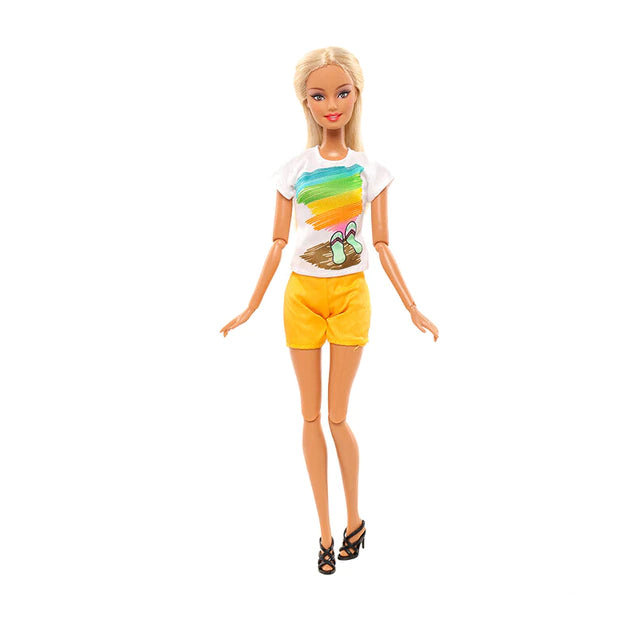 Ken und Barbie Hose und T-Shirt Paarweise Set Mode Gelb Regenbogen