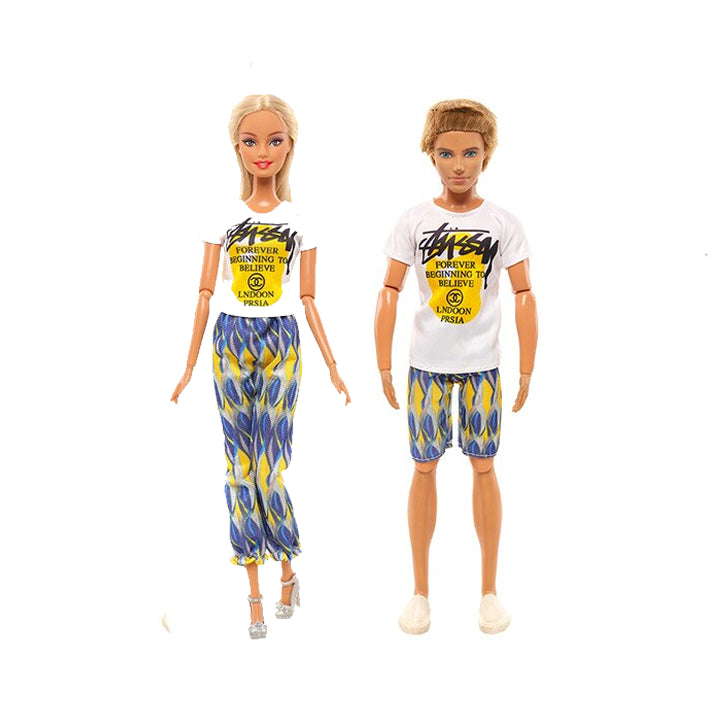 Ken und Barbie Hose und T-Shirt Paarweise Set Mode Weiss Blau
