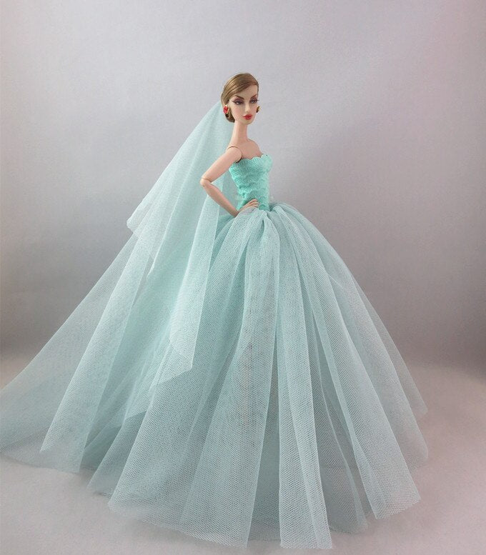 Hochzeitskleid Mode für Barbie Puppen Zubehör Türkis mit Schleier