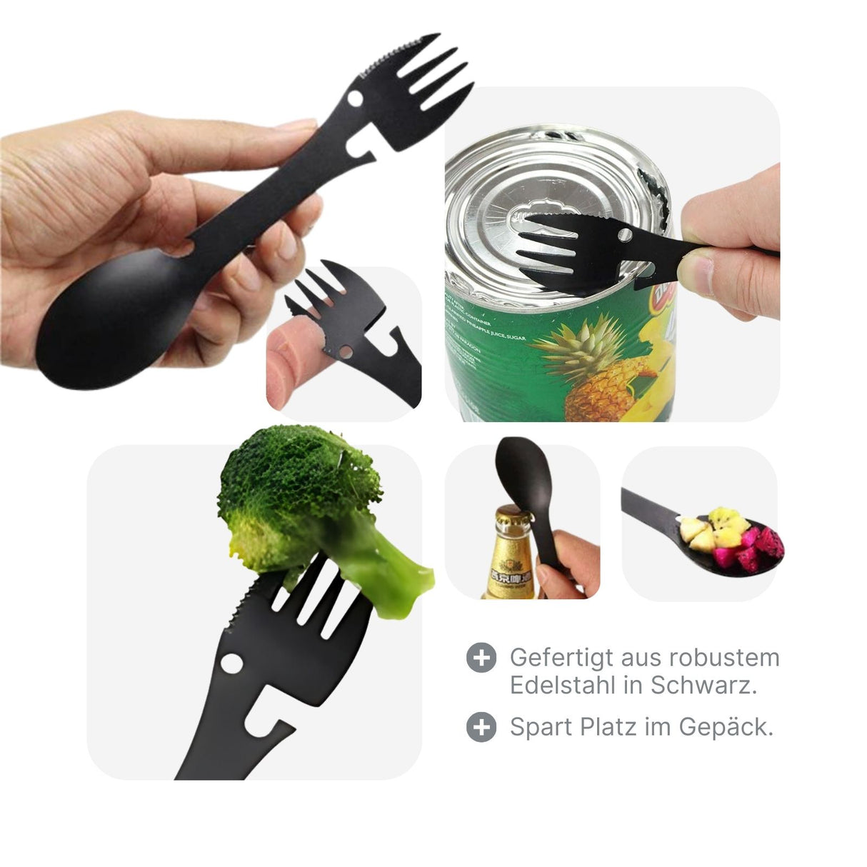 Multifunktionales 5in1 Outdoor-Besteck Löffel Gabel Messer Flaschenöffner Dosenöffner