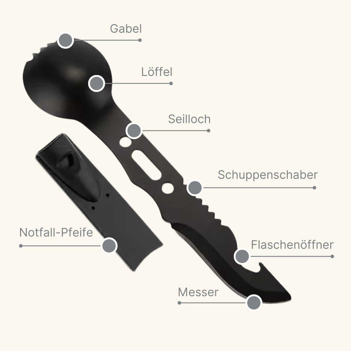 Multifunktionales 7in1 Outdoor-Besteck Gabel Messer Löffel Flaschenöffner Pfeife Schaber Seilöse