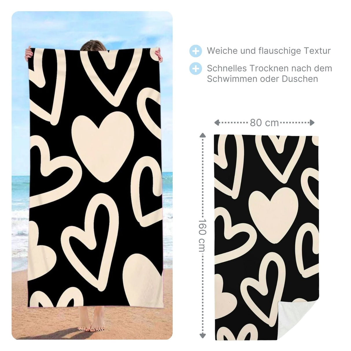 Badetuch Herzen Strandtuch Liegetuch Strandlaken Handtuch