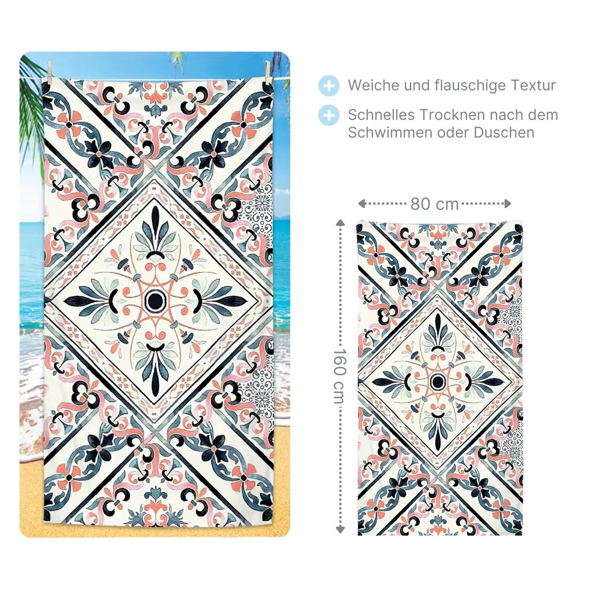 Strandtuch mediterrane Kachel Badetuch Strandlaken Liegetuch Handtuch