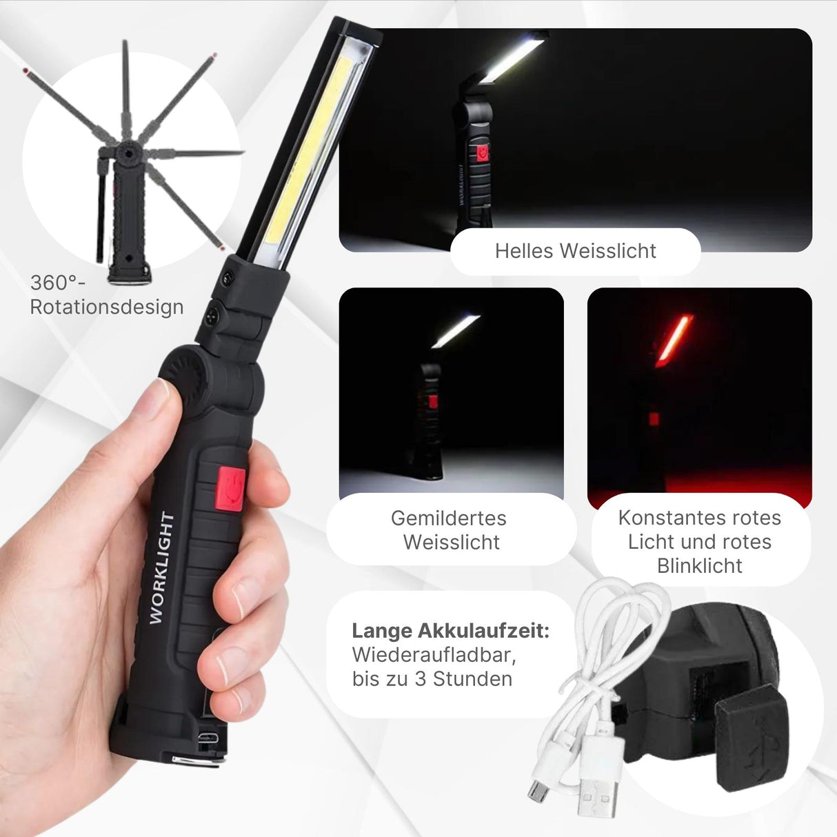 Wiederaufladbare COB-LED-Leuchte Arbeitsleuchte Reparaturlampe Taschenlampe