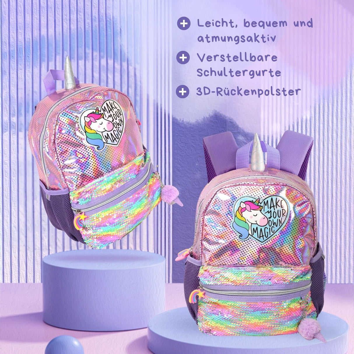 Einhorn-Rucksack Kinderrucksack mit Einhorn-Motiv Glitzer-Rucksack Pailletten-Rucksack
