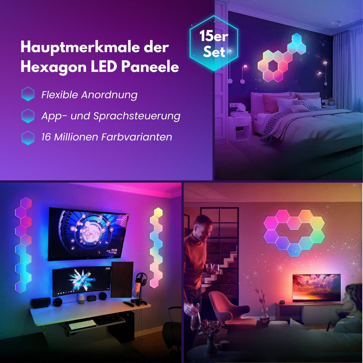 15er Set Smart LED RGBIC Hexagon-Lichtpaneele Wandleuchte Leuchtplatten