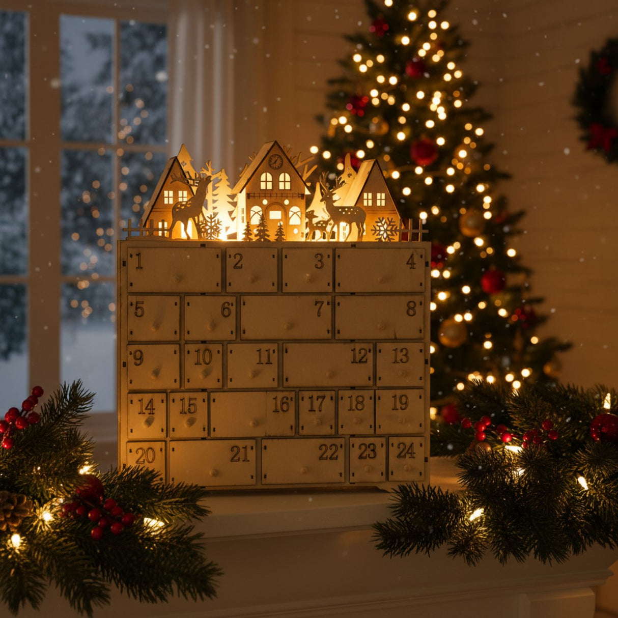 Holz-Adventskalender Weihnachtskalender 24 Schubladen mit LED